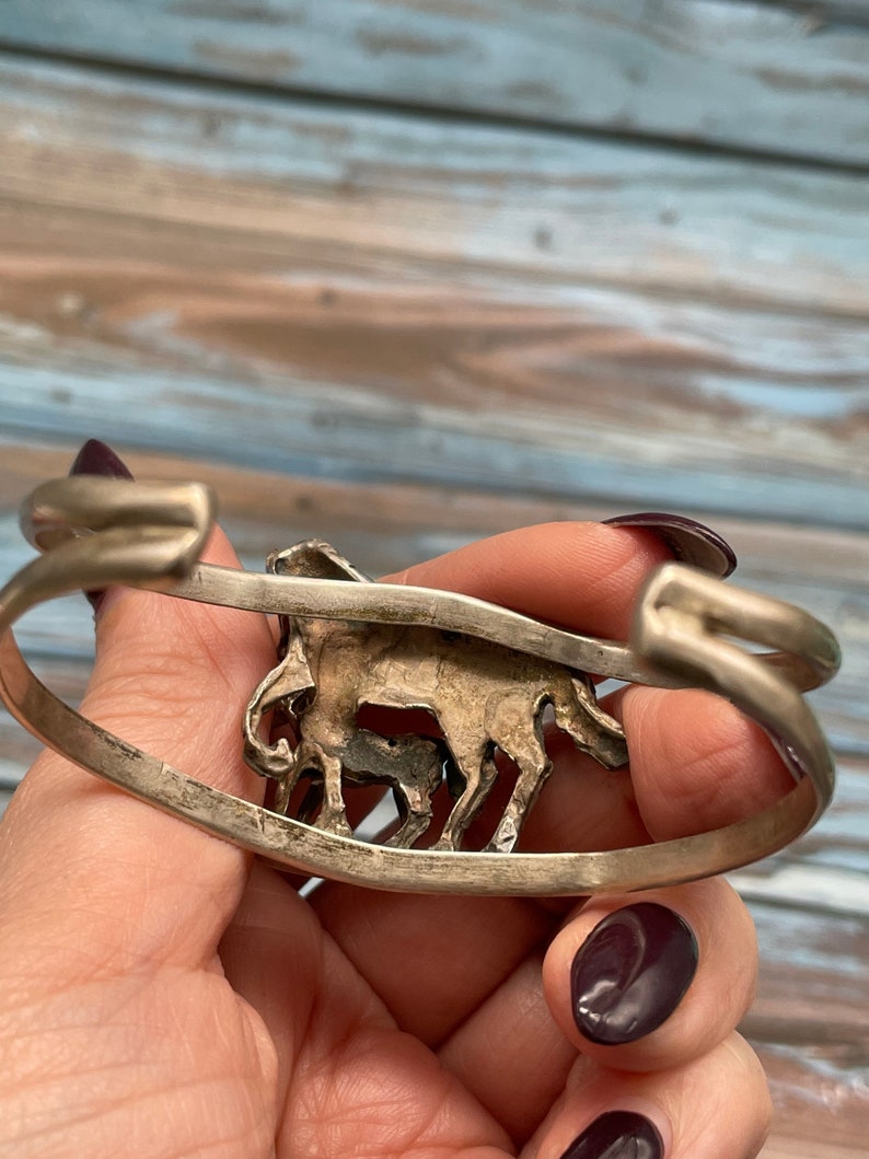 Beautifully Detailed Vintage Sterling Silver Horse with Baby Cuff Bracelet image 4