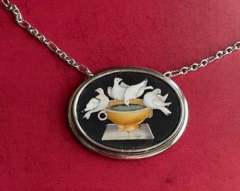 Rare Victorian Antique Pietra Dura Mosaic  Inlay Doves at Birdbath Repouse 800 Silver Necklace Stunning Layaway Available