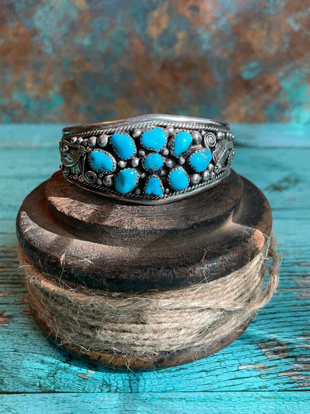Navajo Vintage Sterling Silver and Kingman Turquoise Cluster Cuff ...