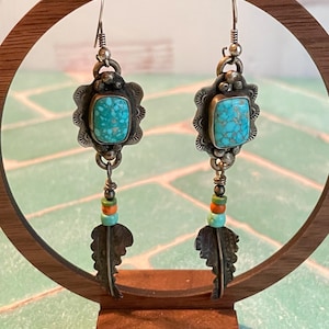 Signed Chatfields Sterling Silver & Stunning  Turquoise Long Dangle Feather Earrings Layaway Available