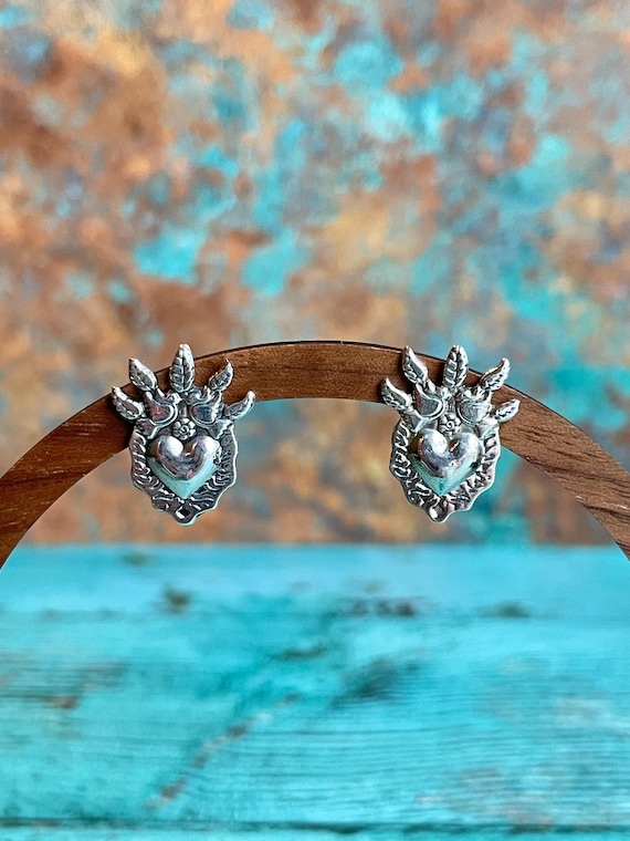 Pretty Sterling Silver Heart with Birds Stud Earrings
