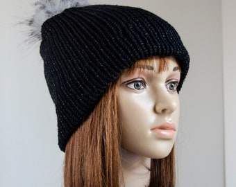 Knit Beanie, Winter hat for women or teens, Removable faux fur pom pom, Black beanie