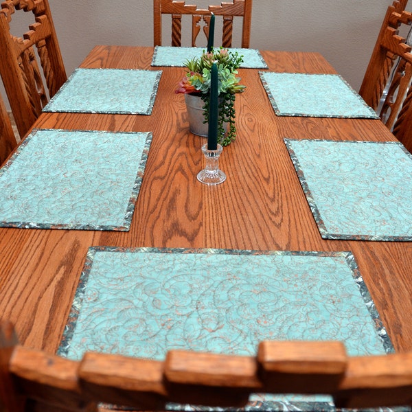 Handmade Placemat Set, 6 Quilted Placemats,  Rose gold and teal, Quilted Table runner, Dining Table Decor, Quilted Table Linens