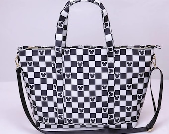 Magical Black and White Checkered Large Nylon Tote Bag