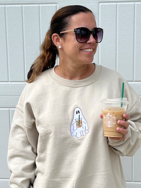 Iced Coffee Ghost Embroidered Halloween Sweatshirt
