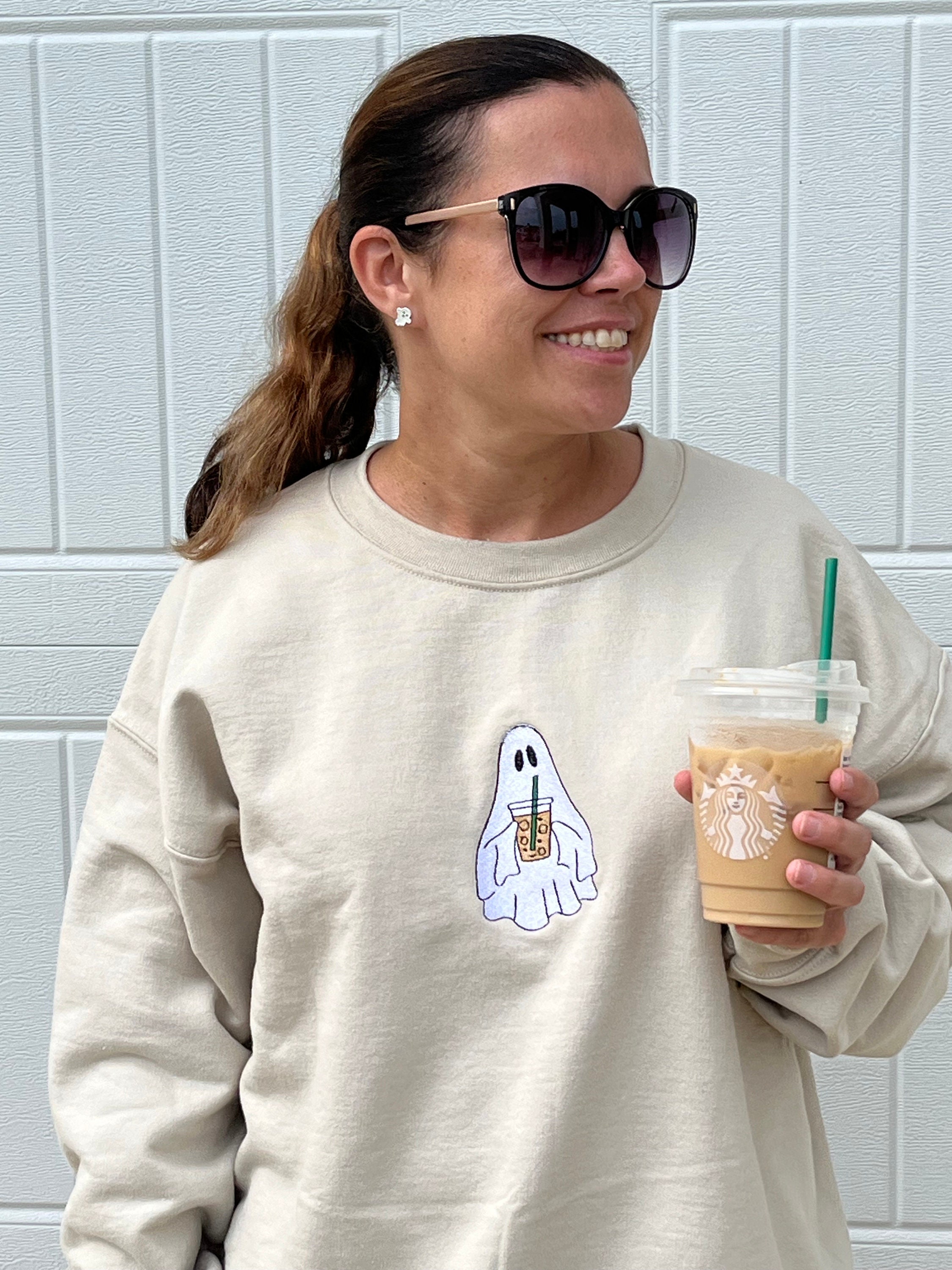 Iced Coffee Ghost Embroidered Halloween Sweatshirt - Etsy