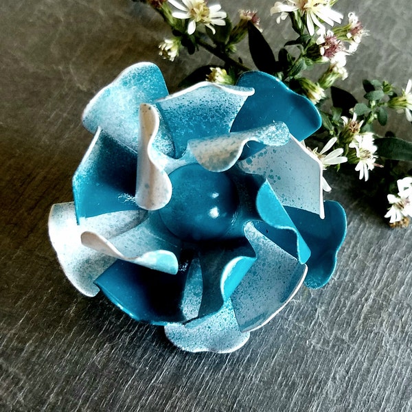 Small Teal Blue Enamel Flower Brooch White and Blue Metal Flower Brooch Pin Blue Rose Cabbage Rose Wedding Broach Bouquet Pin