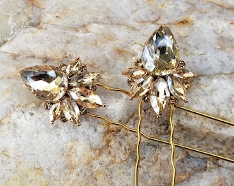 Champagne Rhinestone Hair Pins Set of 2 Crystal Hairpins U Pins Updo Bling Quinceanera Prom Bridal Gold Wedding Hair ACC52