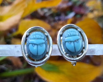 Vintage Faux Scarab Earrings Clip On Turquoise Blue Cabochons in Silver Tone Frames V317