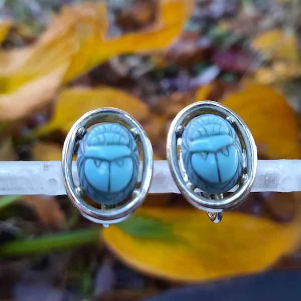 Vintage Faux Scarab Earrings Clip On Turquoise Blue Cabochons in Silver Tone Frames V317