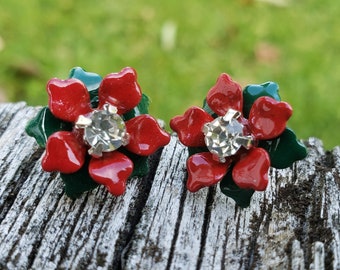 Poinsettia Earrings on Sterling Silver Posts Red and Green Enamel Flower Earrings Ghristmas Gift Flower Stud Earings FJ66