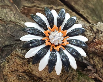 Halloween Flower Brooch White Black and Orange Metal Enamel Pin with Rhinestones FB18