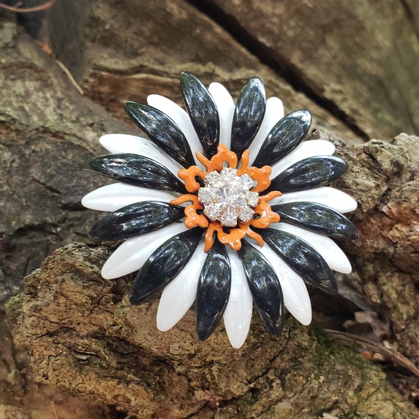 Halloween Flower Brooch White Black and Orange Metal Enamel Pin with Rhinestones FB18