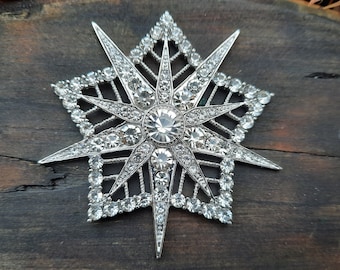 67mm Rhinestone Snowflake Flatback Embellishment or Pin Silver Tone Clear Crystal Broach Winter Wedding DIY SC60