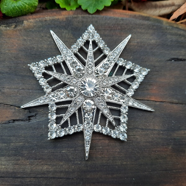 67mm Rhinestone Snowflake Flatback Embellishment or Pin Silver Tone Clear Crystal Broach Winter Wedding DIY SC60