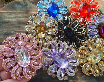 Large Colorful Rhinestone Flatback Embellishment or Pin Choose Pink Blue Red Purple Black Beige Yellow w/ Silver or Gold Tone Brooch G/S40