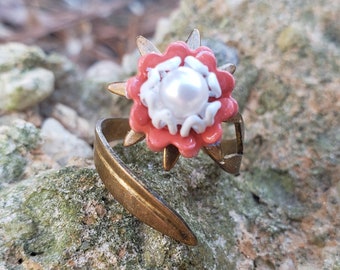 Coral Enamel Flower Ring Coral and White Metal Flower Ring Wrap Adjustable Ring Enameled Ring Shabby Gold Brass Leaf Ring  FJ38