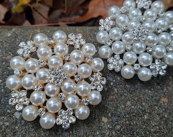 52mm Gold or Silver Faux Pearl Rhinestone Flat Back Embellishment or Brooch Pin 2 Inch GPR1 SPR1