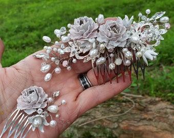 Wild Rose Comb Set Pale Blush Pink and White Hair Piece Metal Enamel Flowers Silvertone with Glass Pearls and Rhinestones OOAK ACC38