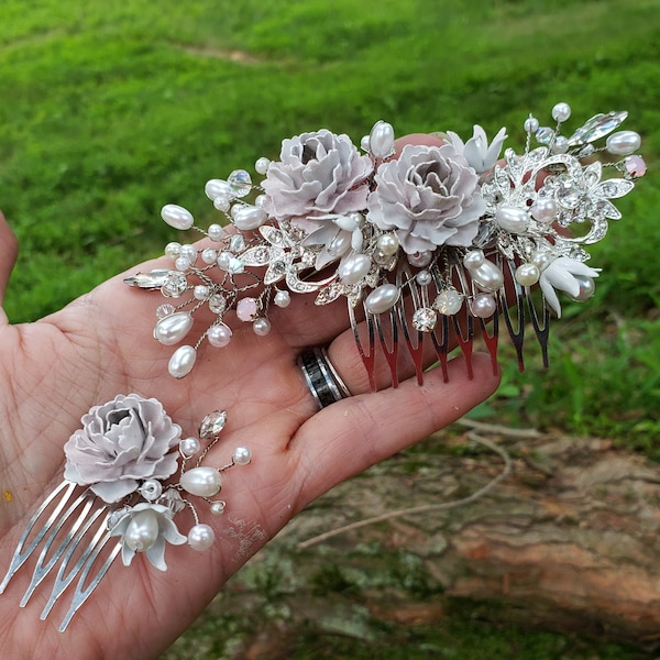 Wild Rose Comb Set Pale Blush Pink and White Hair Piece Metal Enamel Flowers Silvertone with Glass Pearls and Rhinestones OOAK ACC38