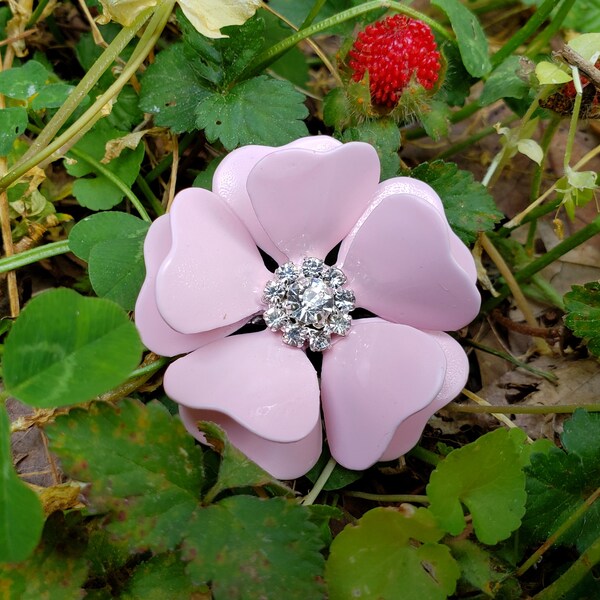 Pink Flower Brooch Enamel Flower Pin Bubblegum Pink Metal Flower Rhinestone Broach FB140