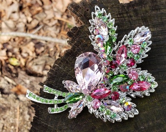 4,1 inch roze en groene kristallen strass broche of platte achterkant versiering hanger veelkleurige aansnijden SMC46