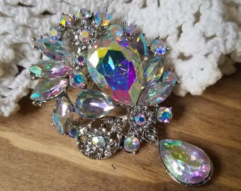 Small AB Rhinestone Flatback Embellishment or Pin Aurora Borealis Rhinestone Broach Dangle Brooch Drop Brooch DIY Glass Headband SAB1