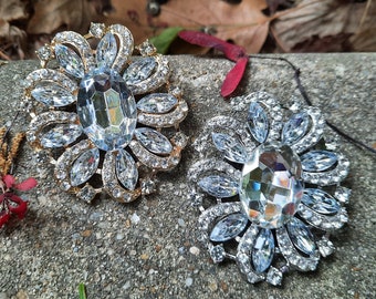 Large Silver or Gold Tone Rhinestone Flatback Embellishment or Brooch Pin Big Oval Clear Crystal Bling GC40 SC40