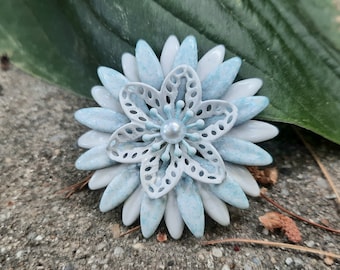 Pale Ice Blue and White Enamel Flower Pin 1.85 Inch Daisy Handmade Metal Flower Brooch FB249