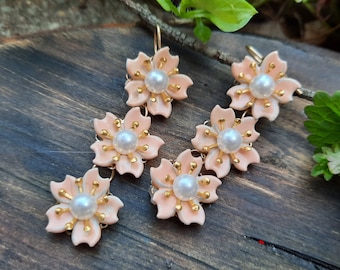 Peach Enamel Flower Dangle Earrings 2 Inch Long on 14/20 GF Wires Blush Peach and Faux Pearl Bridal Statement Spring Floral Jewelry FJ142