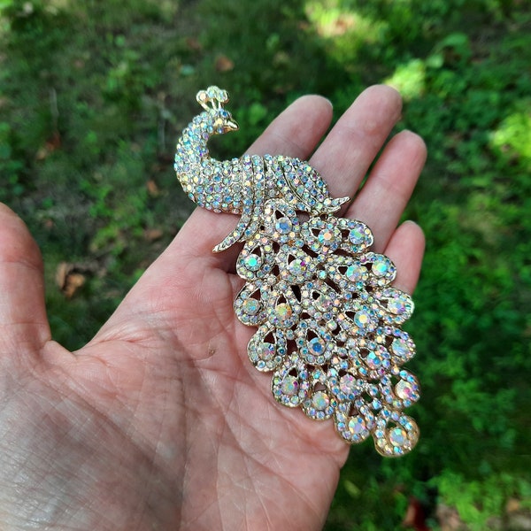 120mm Large AB Rhinestone Flatback Peacock Embellishment 4.7 Inch Gold Tone Crystal Aurora Borealis Flat Back Brooch Pin Sew On Glue GAB55