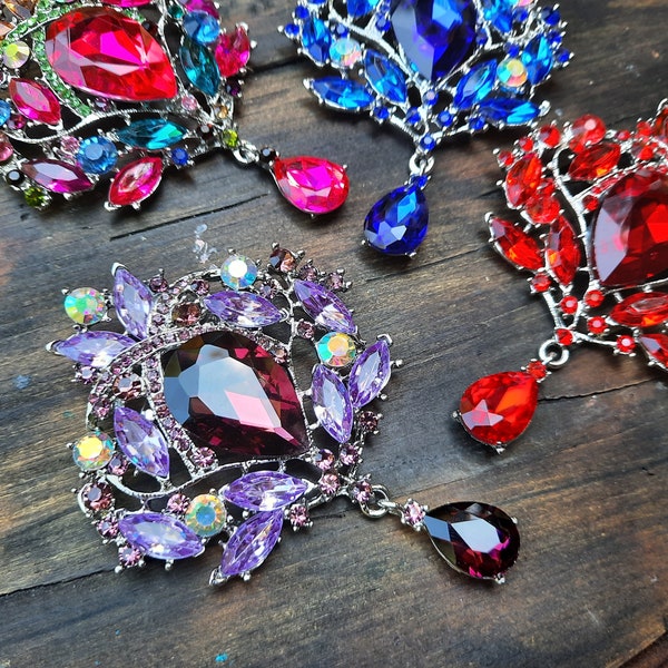 Large Colored Rhinestone Drop Embellishment Glass Flat Back or Pin Dangling Teardrop Silver Tone Purple Red Blue or Multicolored