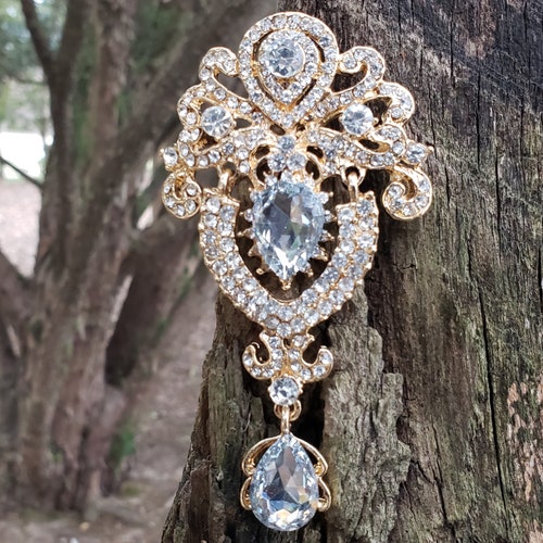 Large Gold Rhinestone Drop Brooch or Flat Back Embellishment Etsy