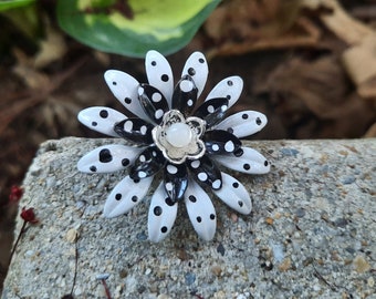 Small Black and White Enamel Flower Brooch 1.5 Inch 38mm Polka Dot Scatter Pin FB275