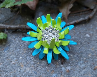 Blue and Green Enamel Flower Pin Spiky Metal Flower Brooch FB266