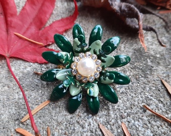 Small Green Enamel Flower Brooch 1.5 Inch Two Tone Handmade Layered Metal Flower Pin FB271