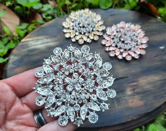 Large Silver, Gold, or Rose Gold Tone Rhinestone Flatback Embellishment or Pin Flower Round Rhinestone Brooch  Broach Big Clear Gold DIY R11