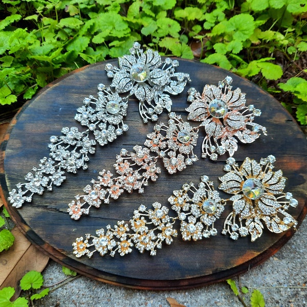 7.5 Inch Long Silver Gold or Rose Gold Tone Rhinestone Embellishment Flatback or Pin Large Crystal Flower Dangle DIY Brooch Bouquet Focal 57