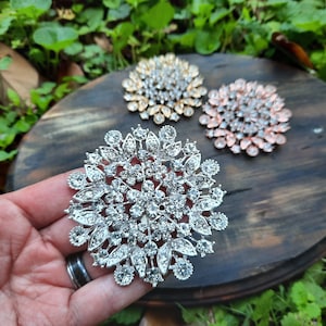 Large Silver, Gold, or Rose Gold Tone Rhinestone Flatback Embellishment or Pin Flower Round Rhinestone Brooch  Broach Big Clear Gold DIY R11