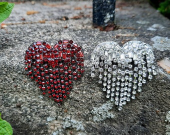 Clear or Red Rhinestone Heart Embellishment Flat Back or Pin Silver Tone Crystal Valentine Broach Fringe SC51 SRD51