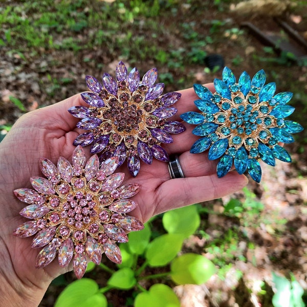 68mm Large Pink Blue or Purple Rhinestone Flatback Flower Embellishment 2.6 Inch Crystal Gold Tone Brooch Pin or Flat Back GPK53 GPU53 GBL53