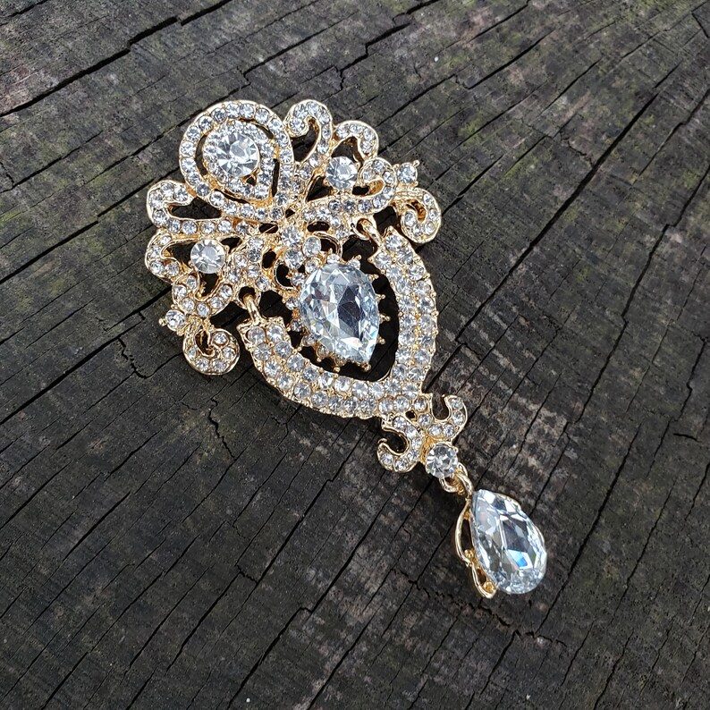 Gold Tone Rhinestone Flat Back Brooch Swinging Drop Pin Clear Etsy