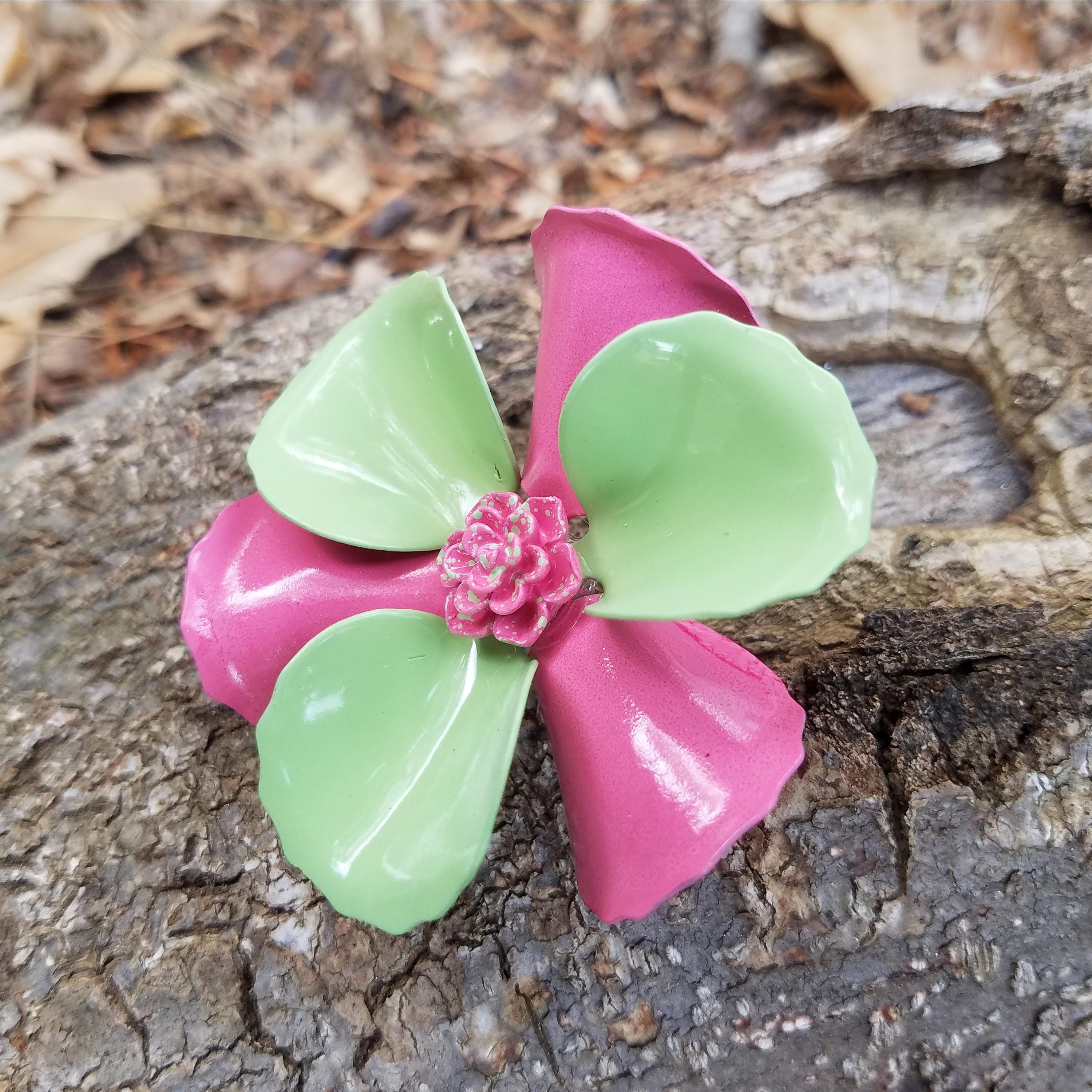 Pink and Green Enamel Flower Brooch Spring Metal Flower Pin Etsy