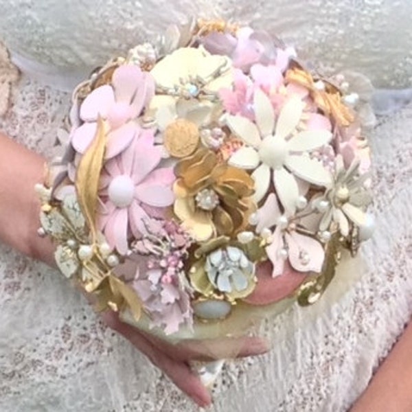 Ready to Ship Pink and Gold Brooch Bouquet Vintage Brooches Handmade Metal Enamel Flowers. Ivory Gold Pink Bouquet Enamel Brooch Bouquet