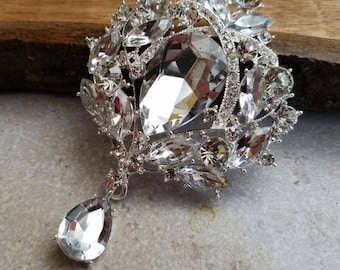 Large or Extra Large Silver Rhinestone Drop Brooch Flat Back Embellishment Pin Clear Broach Dangling Wedding Brooch Bouquet Silver Pin SC12