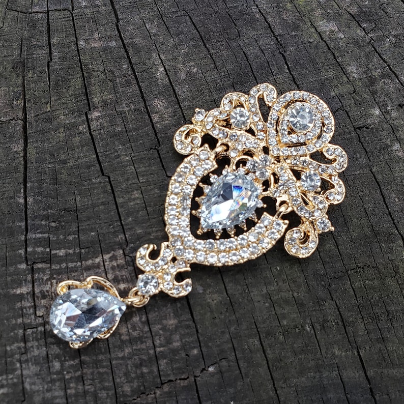 Gold Tone Rhinestone Flat Back Brooch Swinging Drop Pin Clear Etsy