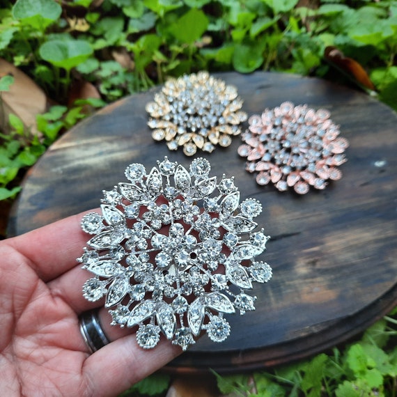 Large Silver, Gold, or Rose Gold Tone Rhinestone Flatback Embellishment or  Pin Flower Round Rhinestone Brooch Broach Big Clear Gold DIY R11 