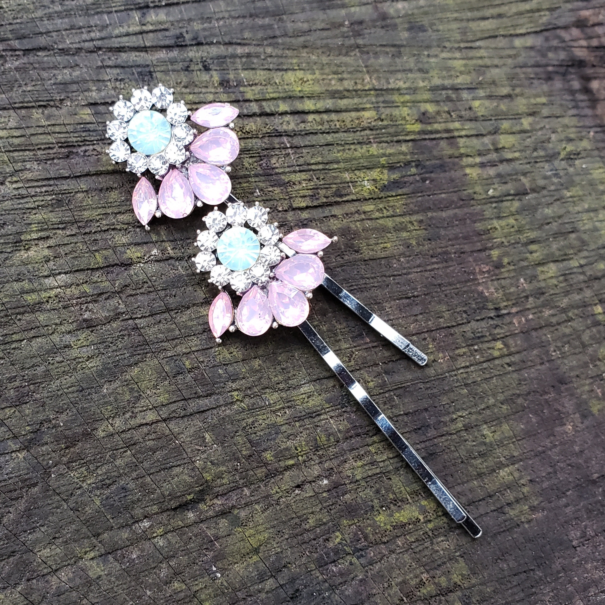 Rhinestone Hair Pins Set of 2 Pink and Mint Crystal Hairpins Etsy