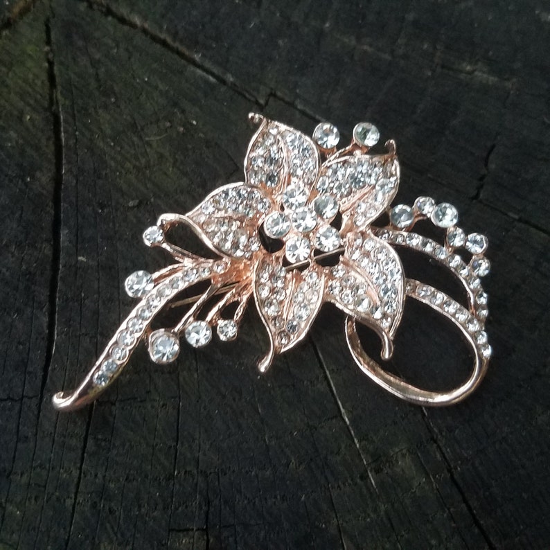 Long Rose Gold Tone Rhinestone Flower Embellishment or Pin Etsy