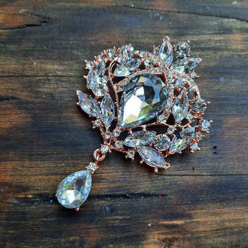 Gold Tone Rhinestone Flat Back Brooch Swinging Drop Pin Clear Etsy